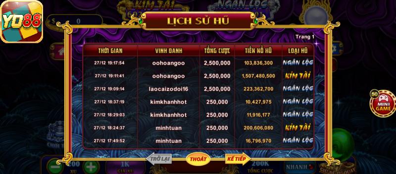 Lịch sử phiên quay game slot Kho Tàng Ngũ Long